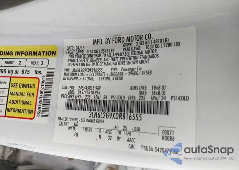 2013 Lincoln Mkz from USA, damaged, VIN 3LN6L2G9XDR816555